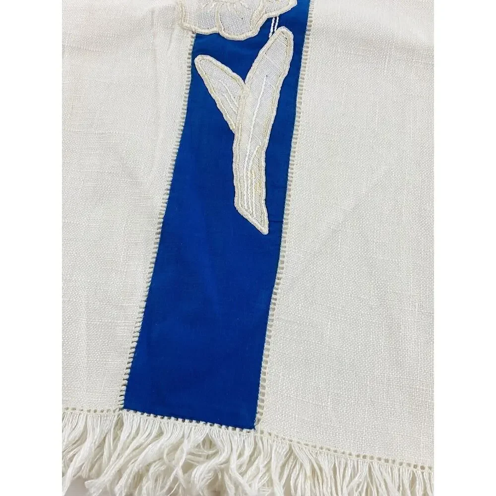 Antique Embroidered Table scarf Linen with fringe Square Blue Flowers Soft Card